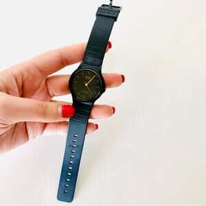 VINTAGE Retro Black Band Gold Hand Time Stainless Steel Circle Face Unisex Watch
